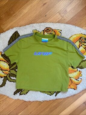 UNIF Derby Olive Green Cropped Tee with Checkered Shoulder Stripe